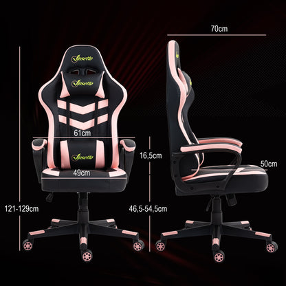 Vinsetto Cadeira Gaming Cadeira de Escritório Ergonómica com Altura Regulável Basculante com Apoio de Cabeça e Almofada Lombar 61x70x121-129 cm Rosa e Preto