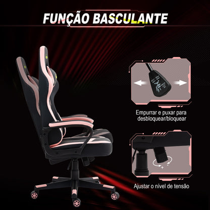 Vinsetto Cadeira Gaming Cadeira de Escritório Ergonómica com Altura Regulável Basculante com Apoio de Cabeça e Almofada Lombar 61x70x121-129 cm Rosa e Preto