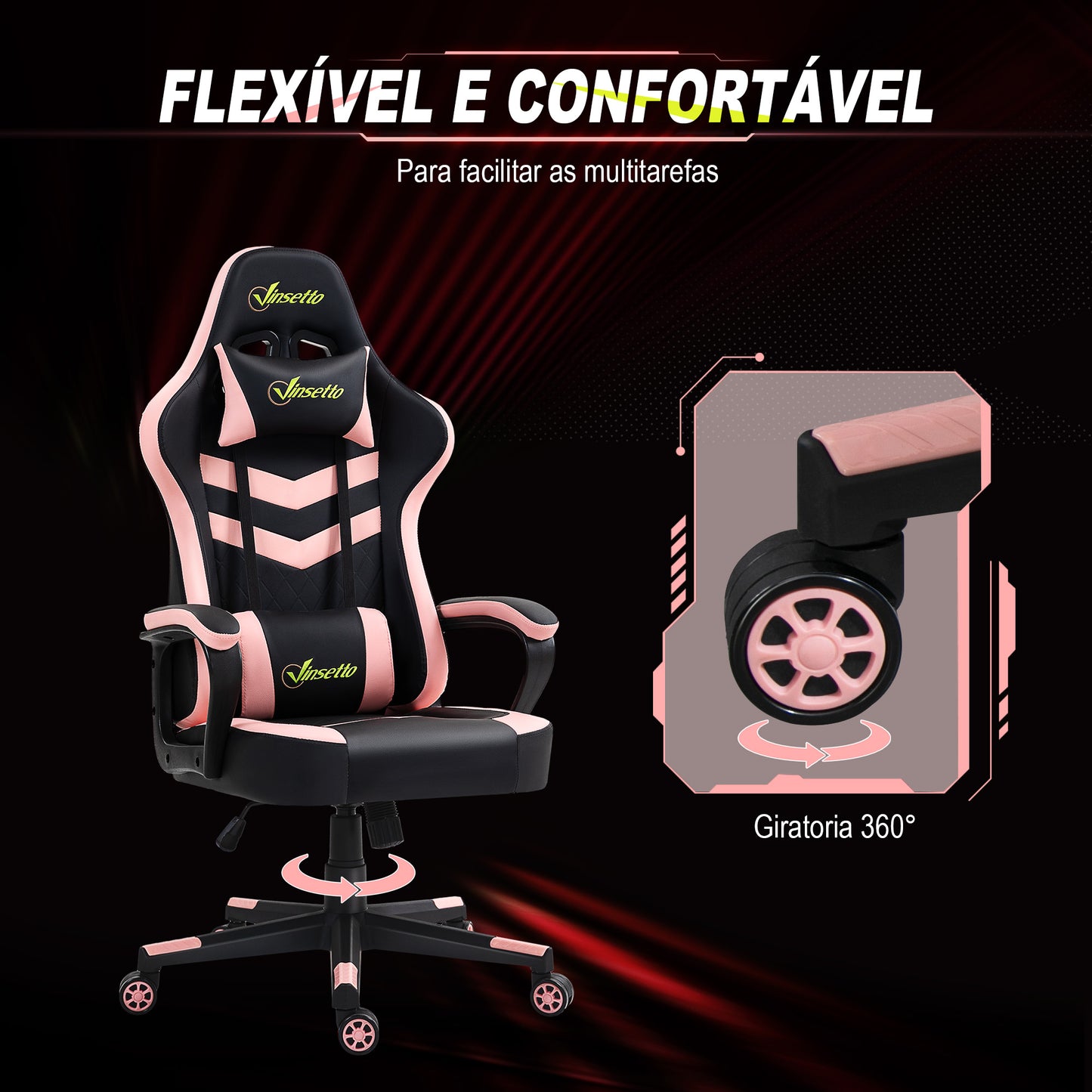 Vinsetto Cadeira Gaming Cadeira de Escritório Ergonómica com Altura Regulável Basculante com Apoio de Cabeça e Almofada Lombar 61x70x121-129 cm Rosa e Preto