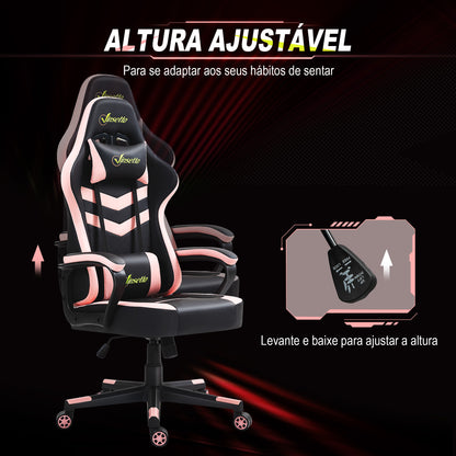 Vinsetto Cadeira Gaming Cadeira de Escritório Ergonómica com Altura Regulável Basculante com Apoio de Cabeça e Almofada Lombar 61x70x121-129 cm Rosa e Preto