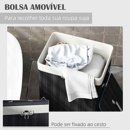 HOMCOM Cesto de Roupa de Bambu Dobrável Cesto para Roupa Suja com Tampa e Bolsa Amovível para Lavandaria Casa de Banho 40x30x60 cm Preto