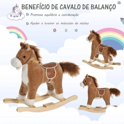 Cavalo de balanço para crianças acima de 36 meses Brinquedo de balanço macio com música Sons relinchos de galope Boca e cauda móveis 65x32,5x61 cm Marrom