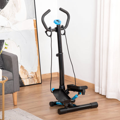 HOMCOM Máquina de Step Fitness com Guiador Ajustável em Altura Tela LCD Bandas Elásticas Pedais Antiderrapantes Equipamento de Exercício para Academia em Casa 55x53x118-128cm Preto