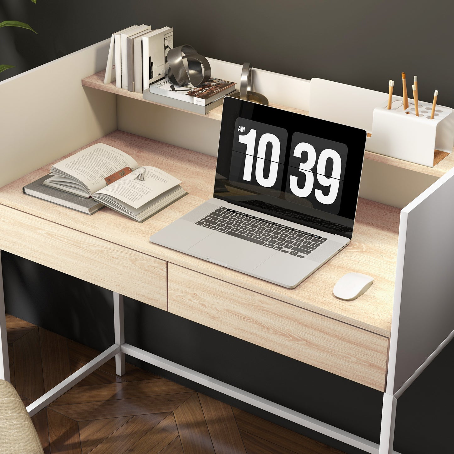 HOMCOM Secretária Moderna Mesa de Escritório com 2 Gavetas e Prateleira Mesa de Estudo para Escritório Dormitório 106x51,5x102,5 cm Branco e Carvalho