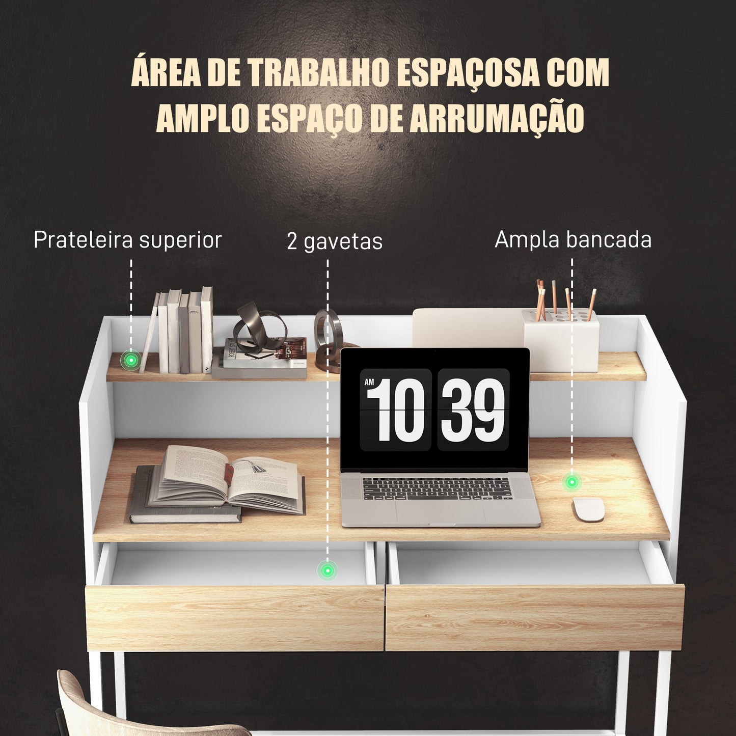 HOMCOM Secretária Moderna Mesa de Escritório com 2 Gavetas e Prateleira Mesa de Estudo para Escritório Dormitório 106x51,5x102,5 cm Branco e Carvalho