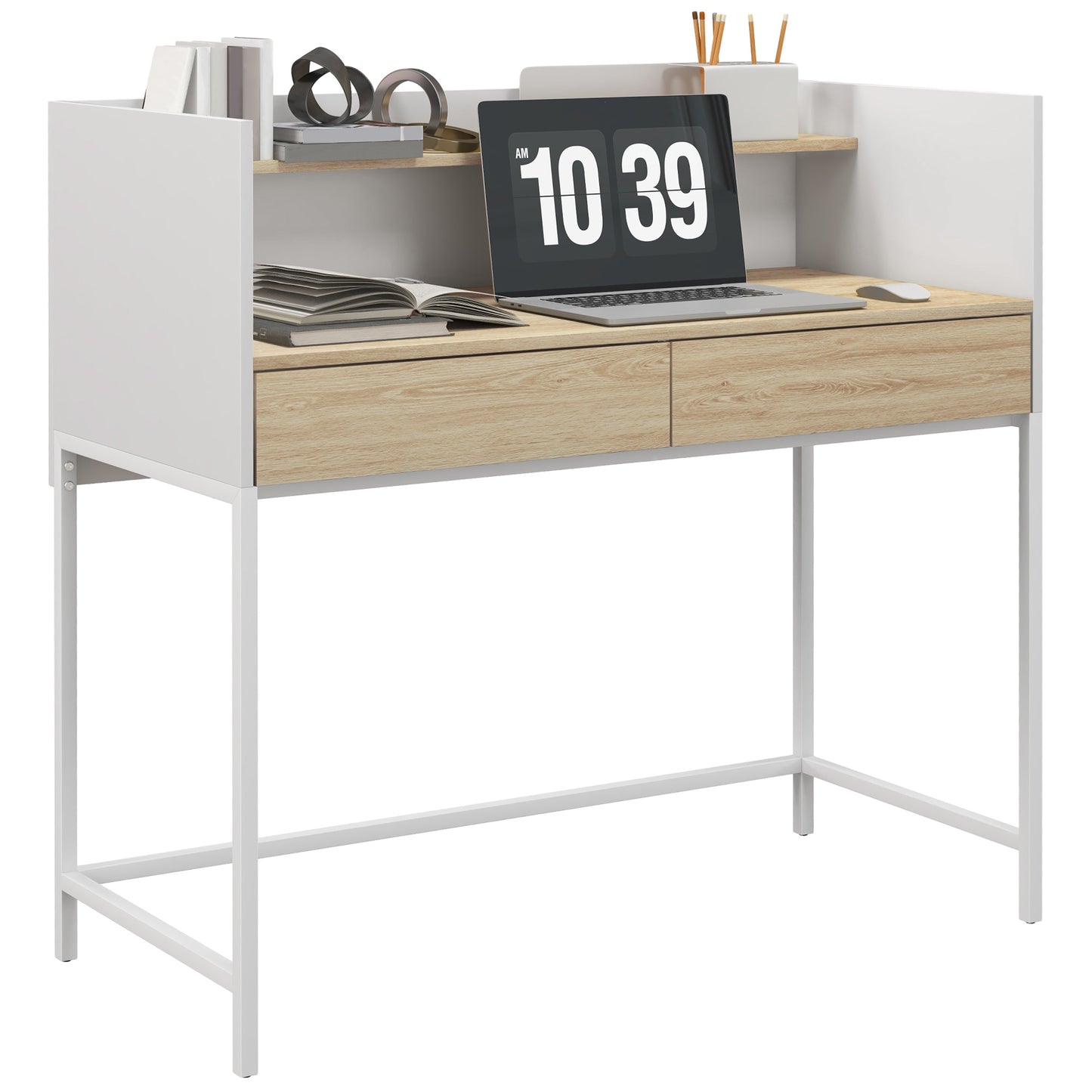 HOMCOM Secretária Moderna Mesa de Escritório com 2 Gavetas e Prateleira Mesa de Estudo para Escritório Dormitório 106x51,5x102,5 cm Branco e Carvalho