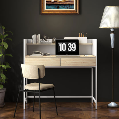 HOMCOM Secretária Moderna Mesa de Escritório com 2 Gavetas e Prateleira Mesa de Estudo para Escritório Dormitório 106x51,5x102,5 cm Branco e Carvalho