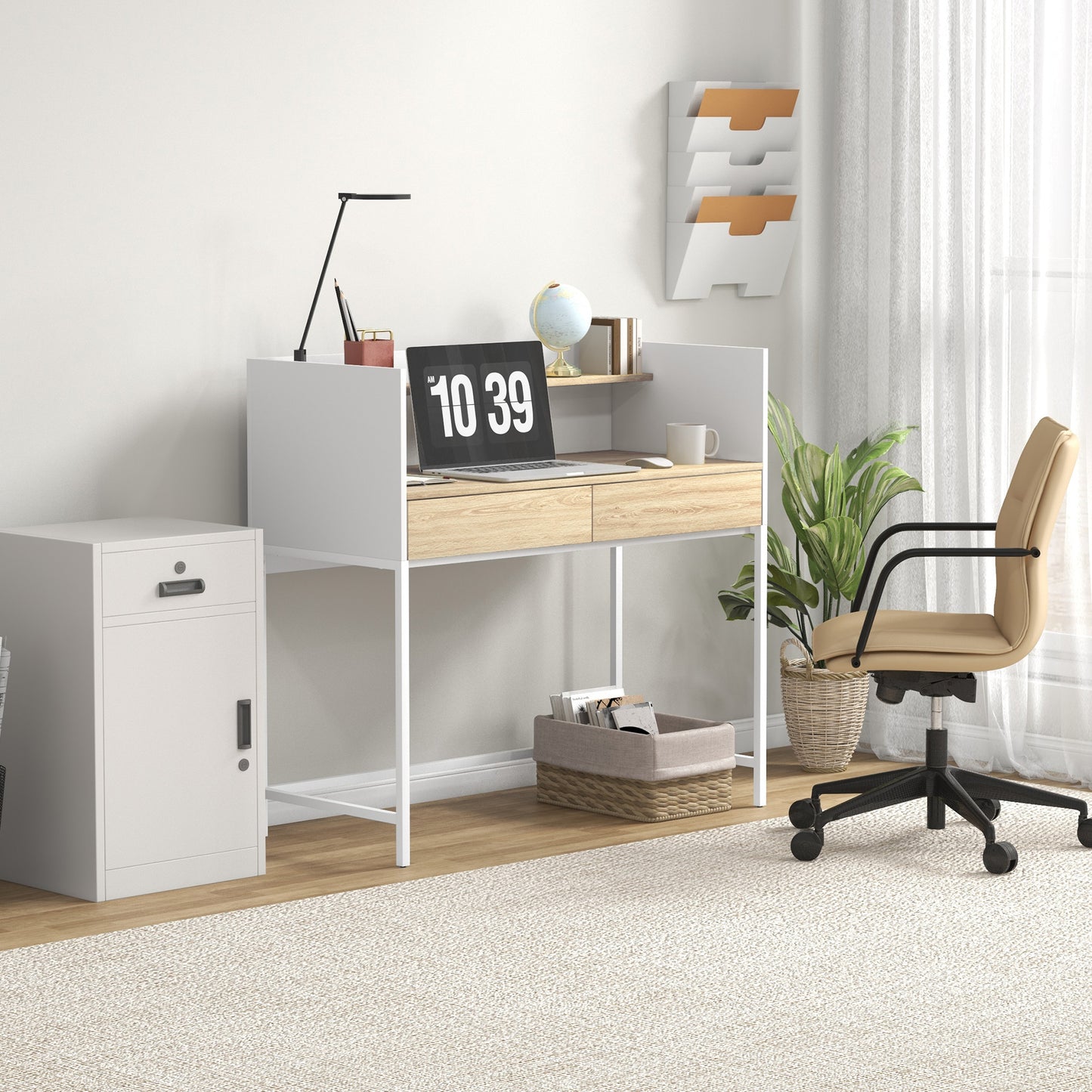 HOMCOM Secretária Moderna Mesa de Escritório com 2 Gavetas e Prateleira Mesa de Estudo para Escritório Dormitório 106x51,5x102,5 cm Branco e Carvalho