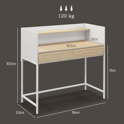 HOMCOM Secretária Moderna Mesa de Escritório com 2 Gavetas e Prateleira Mesa de Estudo para Escritório Dormitório 106x51,5x102,5 cm Branco e Carvalho