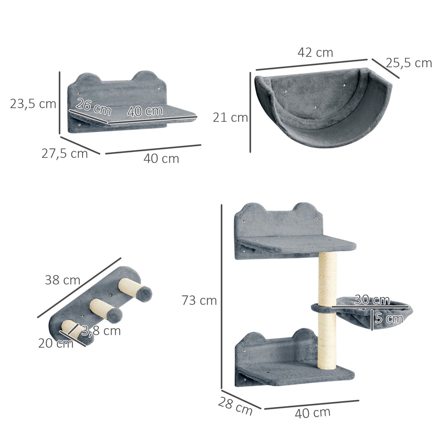 PawHut Prateleiras de Escalada para Gatos de Parede Conjunto de Prateleiras para Gatos 4 Peças com Rede Plataforma Semicircular Plataformas de Salto e Poste de Sisal Cinza