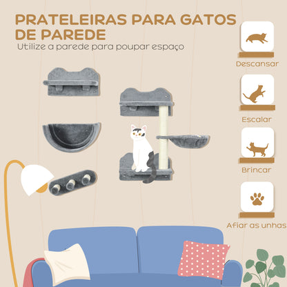 PawHut Prateleiras de Escalada para Gatos de Parede Conjunto de Prateleiras para Gatos 4 Peças com Rede Plataforma Semicircular Plataformas de Salto e Poste de Sisal Cinza