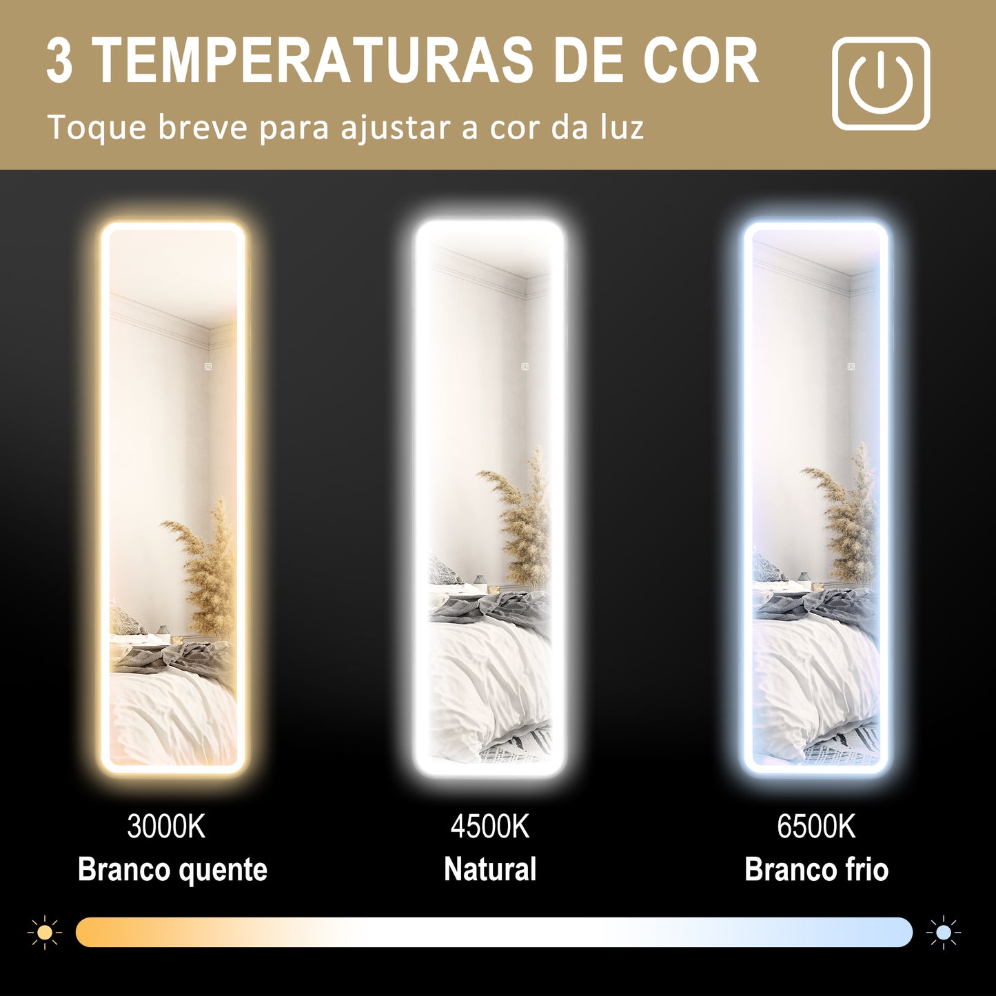 HOMCOM Espelho de Pé com Luz LED 40x150 cm Espelho de Corpo Inteiro sem Moldura com Iluminação de 3 Cores Função de Memória e Controlo Tátil Inteligente para Sala de Estar Dormitório Preto