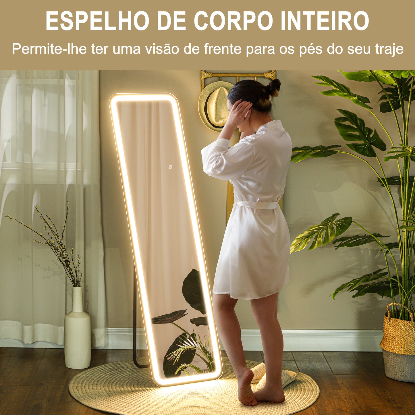 HOMCOM Espelho de Pé com Luz LED 40x150 cm Espelho de Corpo Inteiro sem Moldura com Iluminação de 3 Cores Função de Memória e Controlo Tátil Inteligente para Sala de Estar Dormitório Preto