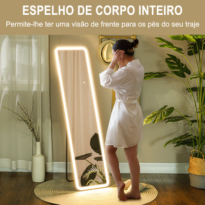 HOMCOM Espelho de Pé com Luz LED 40x150 cm Espelho de Corpo Inteiro sem Moldura com Iluminação de 3 Cores Função de Memória e Controlo Tátil Inteligente para Sala de Estar Dormitório Preto