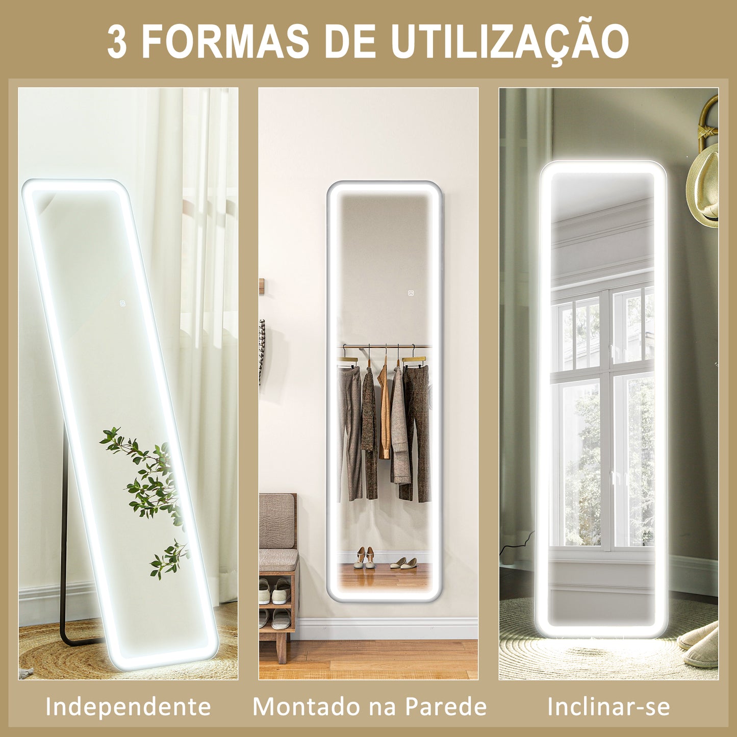 HOMCOM Espelho de Pé com Luz LED 40x150 cm Espelho de Corpo Inteiro sem Moldura com Iluminação de 3 Cores Função de Memória e Controlo Tátil Inteligente para Sala de Estar Dormitório Preto