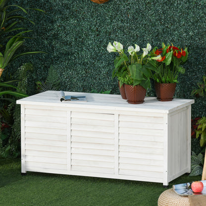 Outsunny Baú de madeira ao ar livre Caixa de armazenamento de jardim com tampa que pode ser aberta 127x56x60 cm Branco