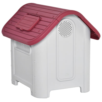 PawHut Casota para Cães com Porta Removível Base Elevada 3 Respiradouros e Janela Casota de Cães para Interior e Exterior 59x75x66cm Cinza e Vermelho