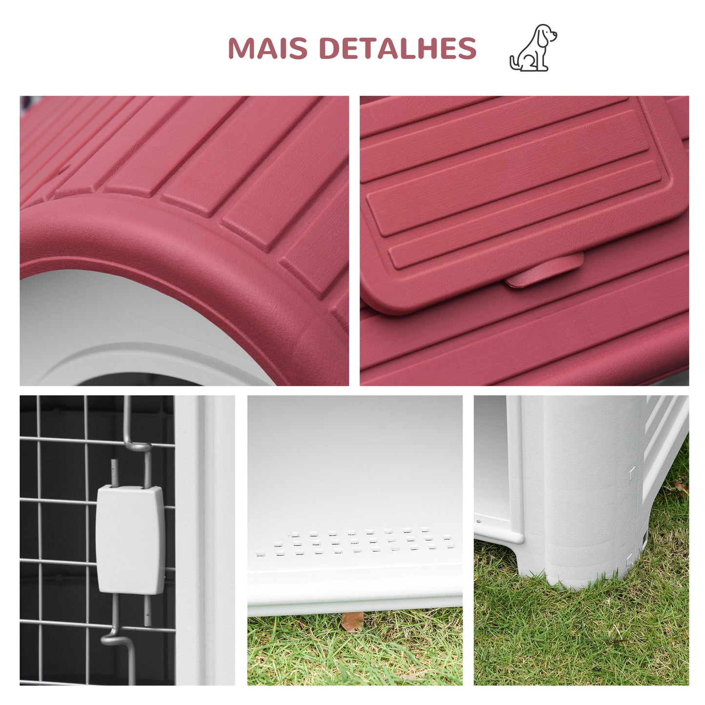 PawHut Casota para Cães com Porta Removível Base Elevada 3 Respiradouros e Janela Casota de Cães para Interior e Exterior 59x75x66cm Cinza e Vermelho