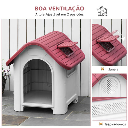 PawHut Casota para Cães com Porta Removível Base Elevada 3 Respiradouros e Janela Casota de Cães para Interior e Exterior 59x75x66cm Cinza e Vermelho