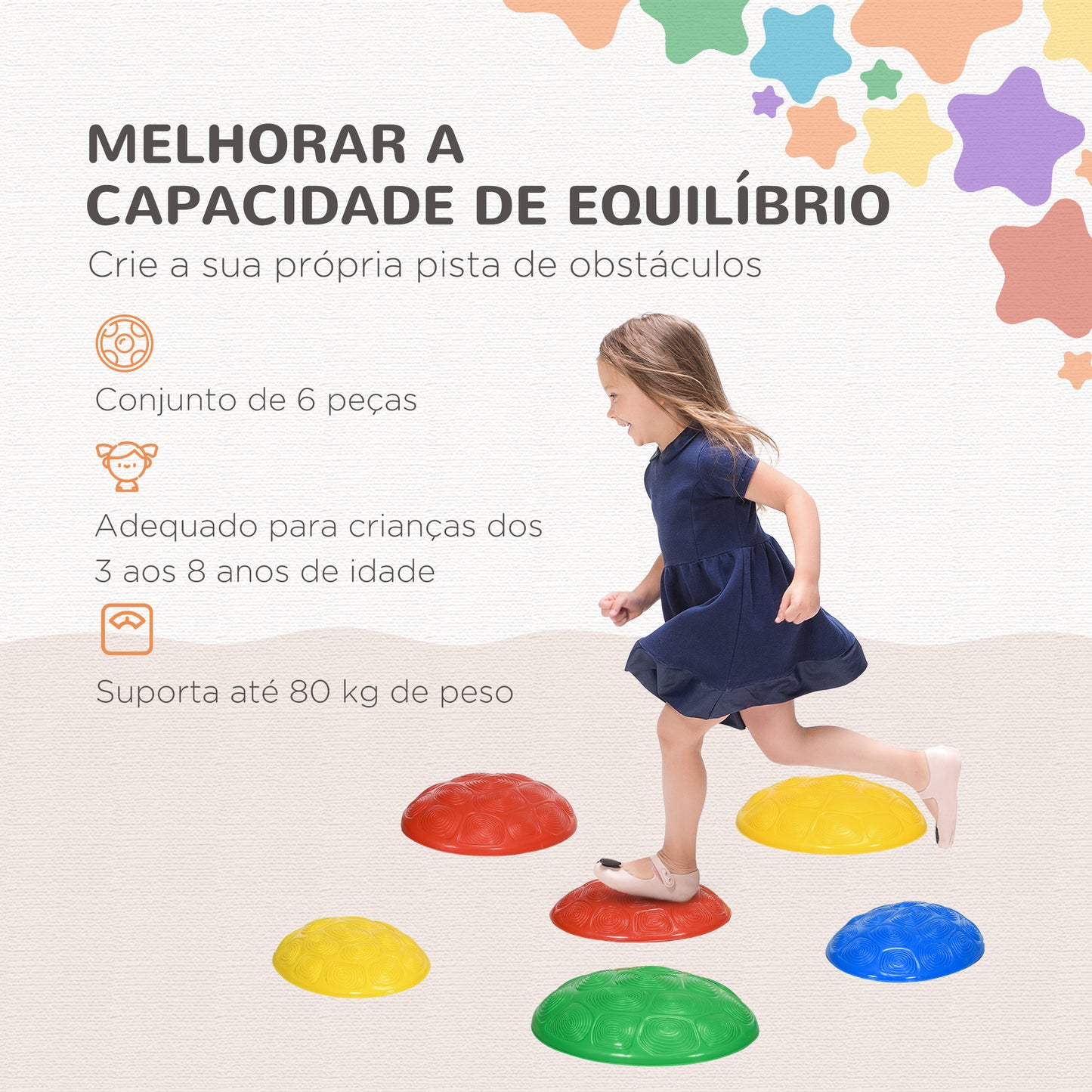 ZONEKIZ Pedras de Equilíbrio para Crianças de 3 a 8 Anos Conjunto de 6 Pedras de Equilíbrio Empilháveis com Base Antiderrapante para Treino de Equilíbrio e Promover a Coordenação Multicor