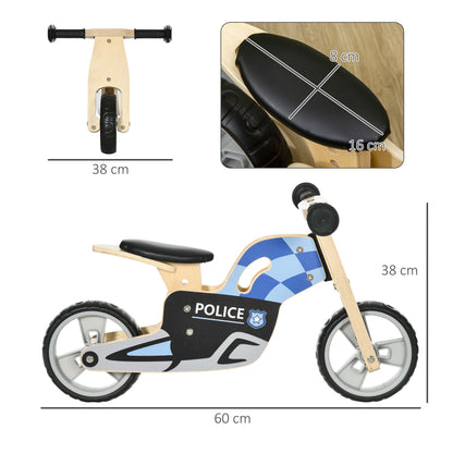 AIYAPLAY Bicicleta sem Pedais de Madeira para Crianças acima de 18 Meses com Assento de 22cm Bicicleta de Equilíbrio Infantil Carga Máxima 20kg Estilo Policia 60x38x38cm Multicor