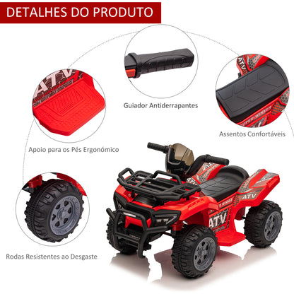 HOMCOM Quadriciclo Elétrico para Crianças de 18-36 Meses Veículo Elétrico a Bateria 6V Infantil com Velocidade 2km/h 70x42x45 cm Vermelho