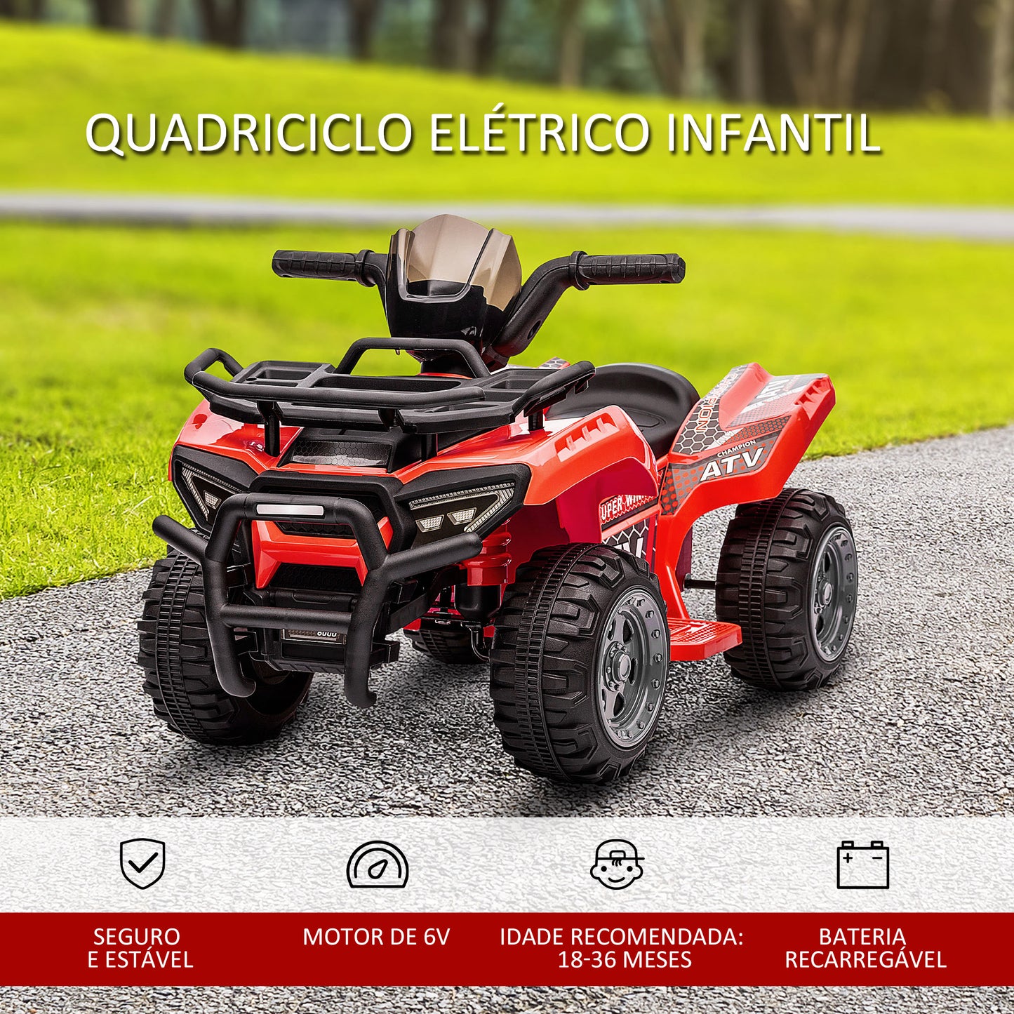 HOMCOM Quadriciclo Elétrico para Crianças de 18-36 Meses Veículo Elétrico a Bateria 6V Infantil com Velocidade 2km/h 70x42x45 cm Vermelho