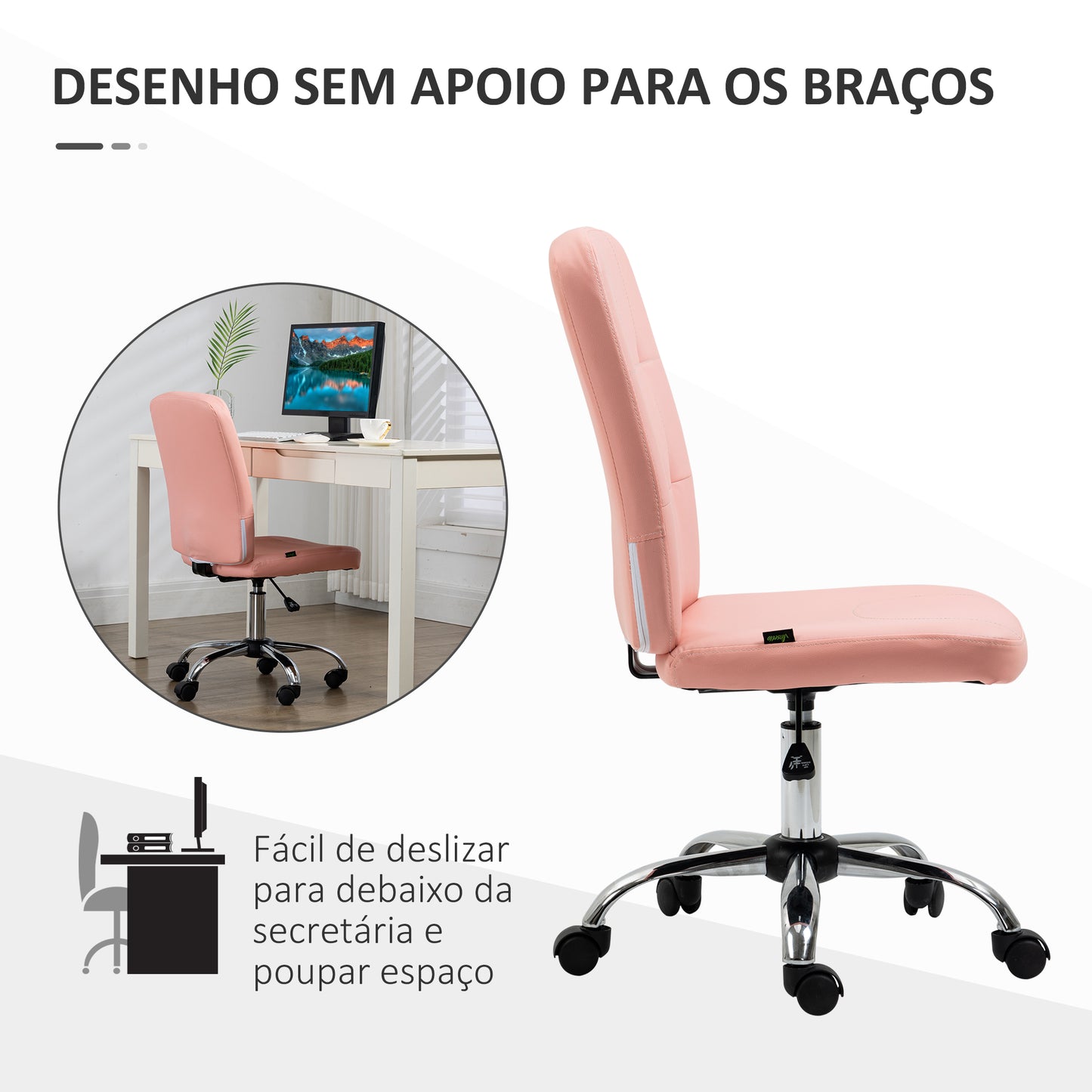 Vinsetto Cadeira de Escritório sem Apoio para os Braços Cadeira de Escritório Giratória de Couro Sintético com Altura Ajustável Estilo Moderno Carga Máxima 120 kg 45x59x90-100 cm Rosa