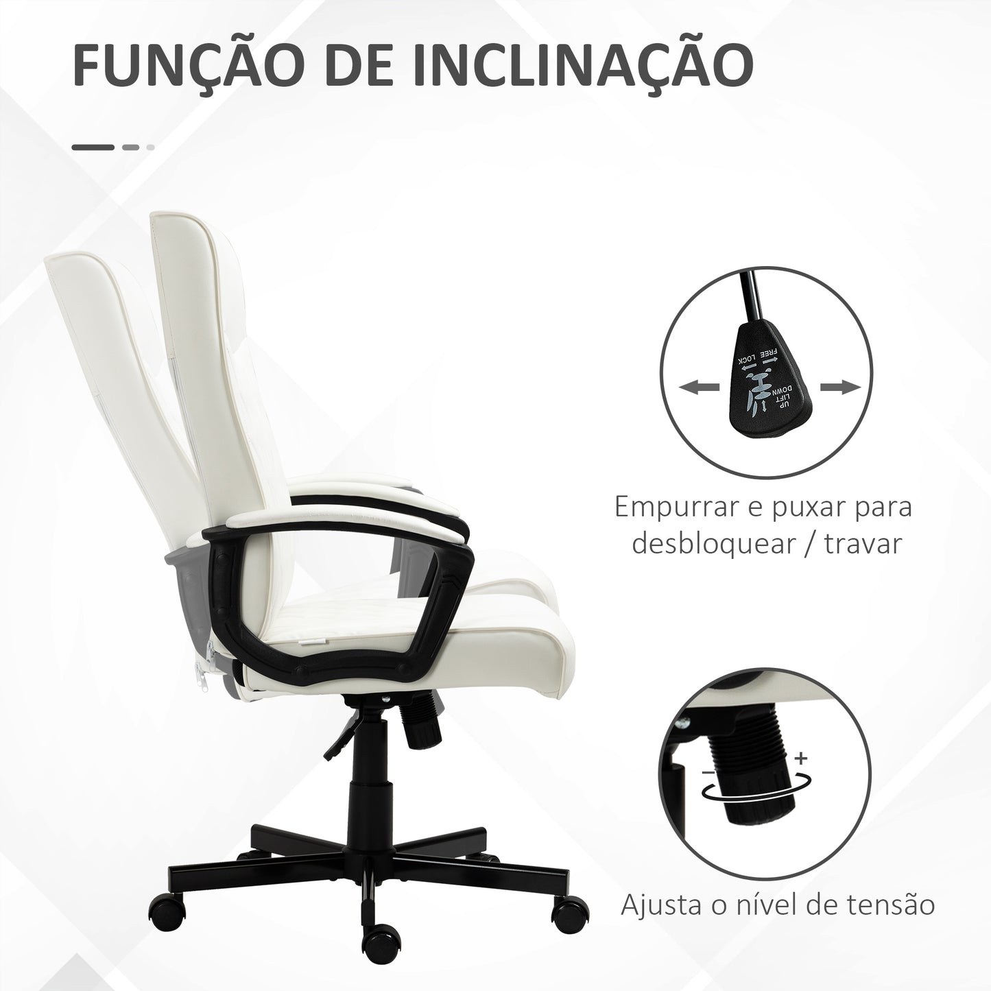 Vinsetto Cadeira de Escritório Giratória 360° Cadeira de Escritório com Encosto Alto Altura Ajustável e Função de Inclinação para Escritório Carga 120kg 65x65x102-112,5cm Creme