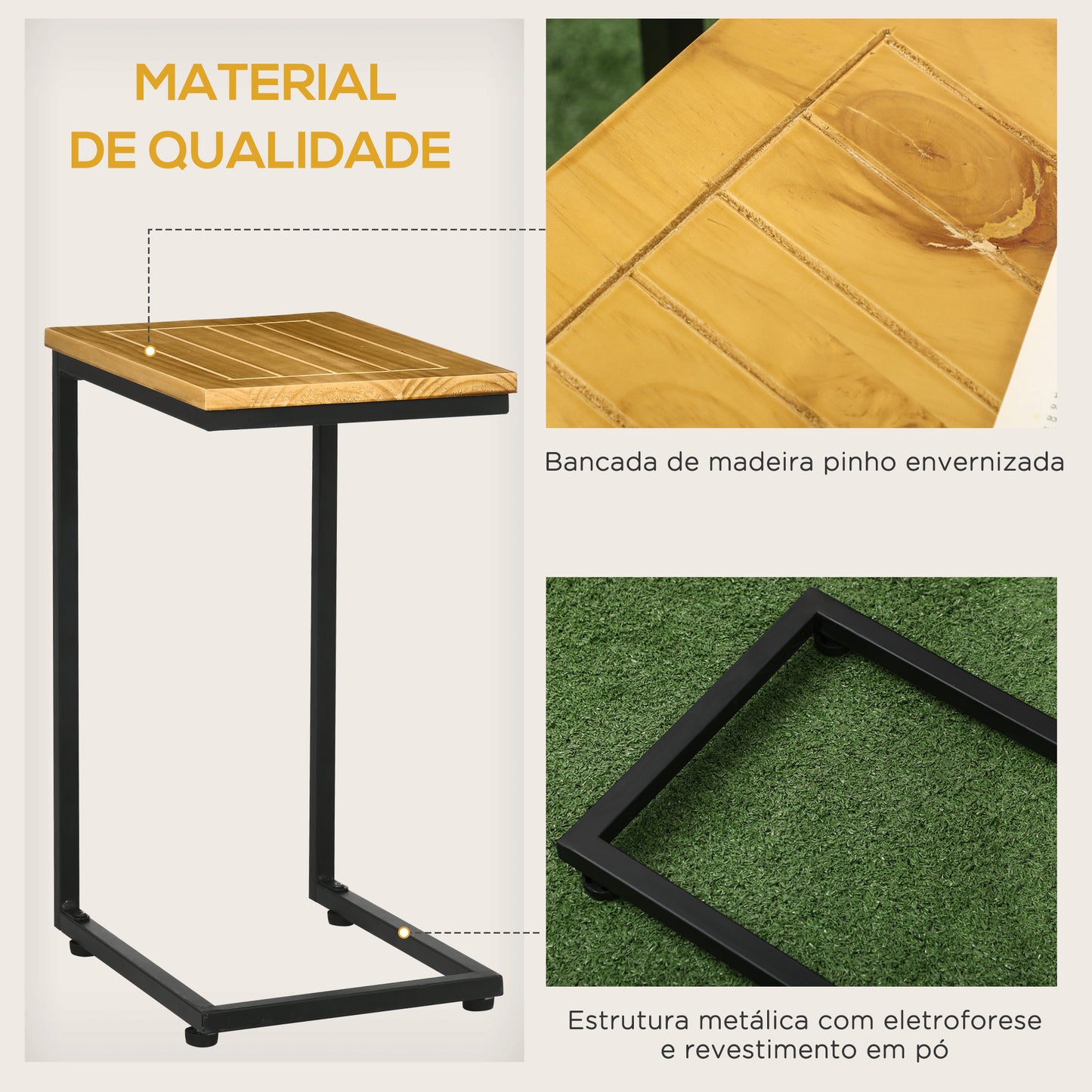 Outsunny Conjunto de 2 Mesas Auxiliares de Jardim Mesas Empilháveis em Forma de C com Estrutura de Metal e Bancada de Madeira para Interior e Exterior 40x30x60 cm e 35x24,5x52 cm Madeira e Preto