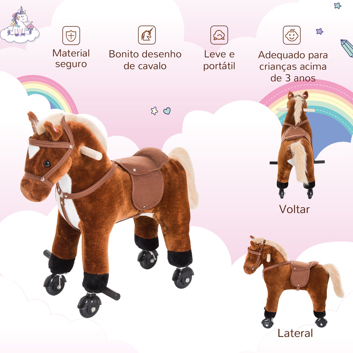 HOMCOM Cavalo para Crianças acima de 36 Meses Cavalo com Rodas Sons de Relincho e Pedais Carga Máxima 60 kg 55x23x60 cm Marrom