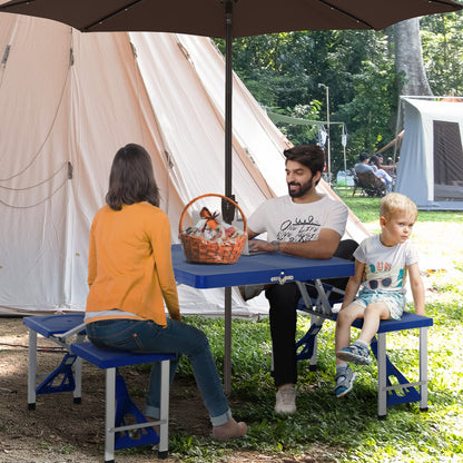 Outsunny Mesa de Acampamento Dobrável com 4 Cadeiras Conjunto para Acampamento com Orifício para Guarda Sol Estrutura de Alumínio 84,5x64,5x66cm Azul