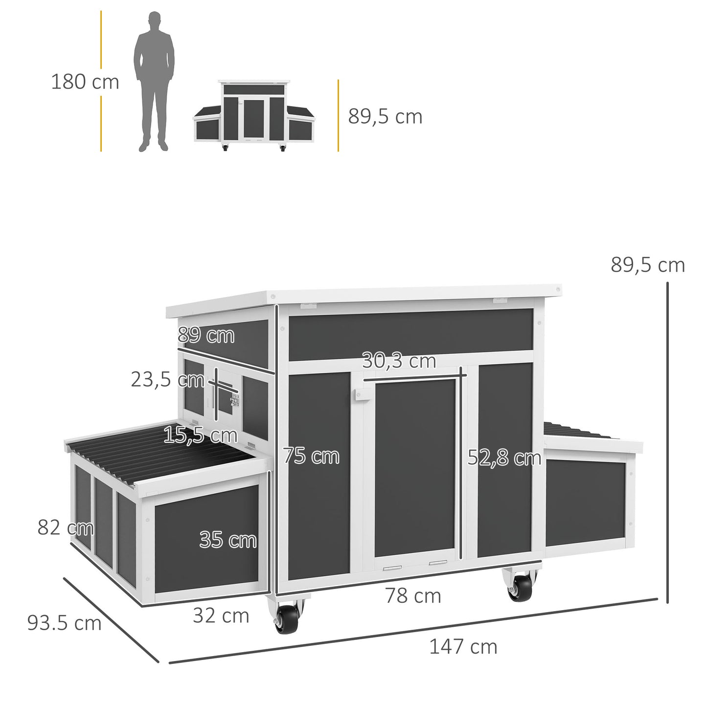 PawHut Galinheiro de Madeira 147x93,5x89,5 cm Galinheiro para Exterior com Janela Porta Ninho Tabuleiro Amovível e Poleiros Gaiola para 6 Galinhas Cinza