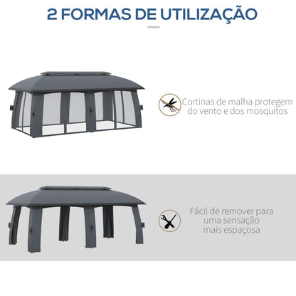 Pérgola de Jardim 3x6m com Teto Duplo com 6 Telas Mosquiteiras Zíper e Estrutura de Metal Cinza Escuro