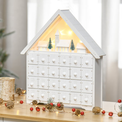 HOMCOM Calendário de Advento de Natal Madeira com 24 Gavetas e Luzes LED Decoração de Natal Modelo Casinha 39x9x42cm Branco