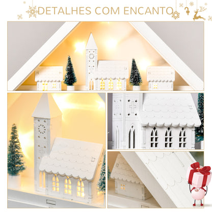 HOMCOM Calendário de Advento de Natal Madeira com 24 Gavetas e Luzes LED Decoração de Natal Modelo Casinha 39x9x42cm Branco