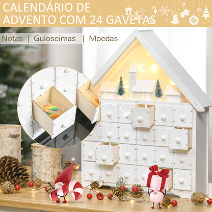 HOMCOM Calendário de Advento de Natal Madeira com 24 Gavetas e Luzes LED Decoração de Natal Modelo Casinha 39x9x42cm Branco