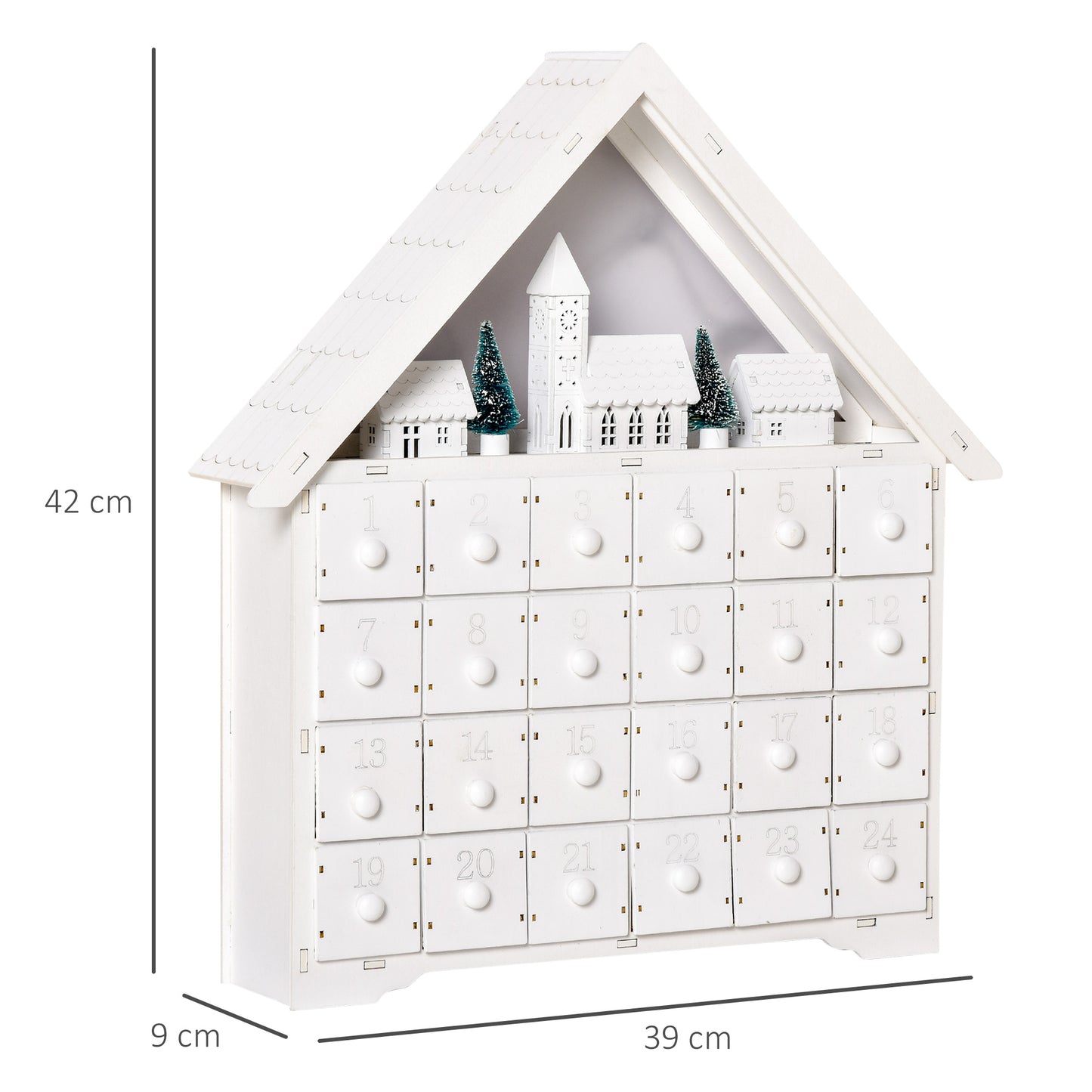 HOMCOM Calendário de Advento de Natal Madeira com 24 Gavetas e Luzes LED Decoração de Natal Modelo Casinha 39x9x42cm Branco