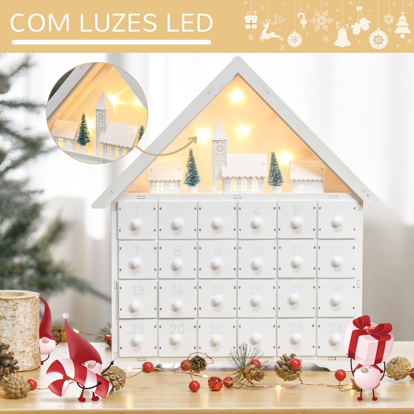 HOMCOM Calendário de Advento de Natal Madeira com 24 Gavetas e Luzes LED Decoração de Natal Modelo Casinha 39x9x42cm Branco