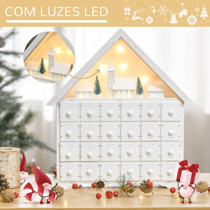 HOMCOM Calendário de Advento de Natal Madeira com 24 Gavetas e Luzes LED Decoração de Natal Modelo Casinha 39x9x42cm Branco