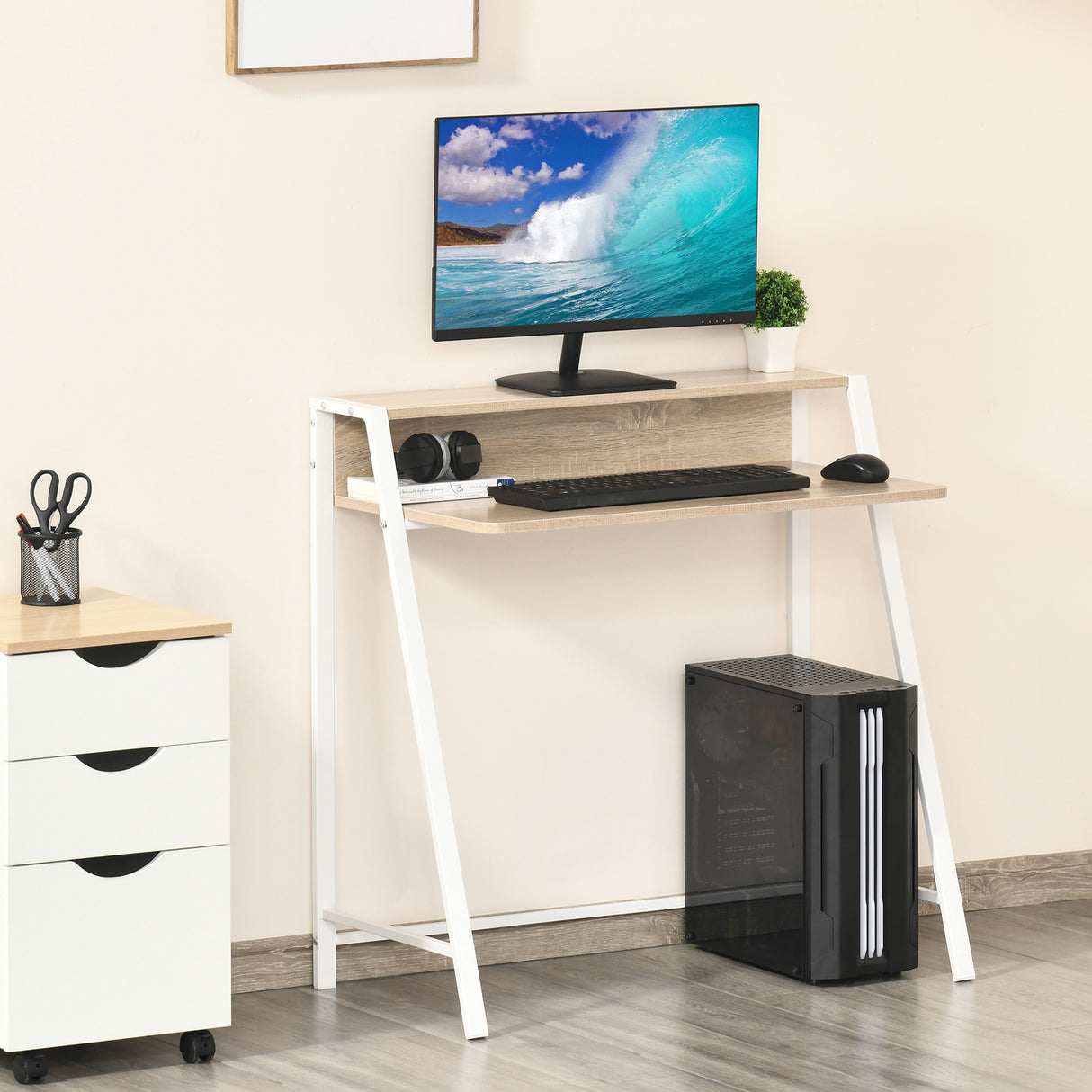 HOMCOM Secretária Mesa de Computador 84x45x85cm com Bancada de Madeira e Pés de Metal Estilo Moderno para Escritório Estúdio Dormitório Carga Máxima 20kg Carvalho e Branco