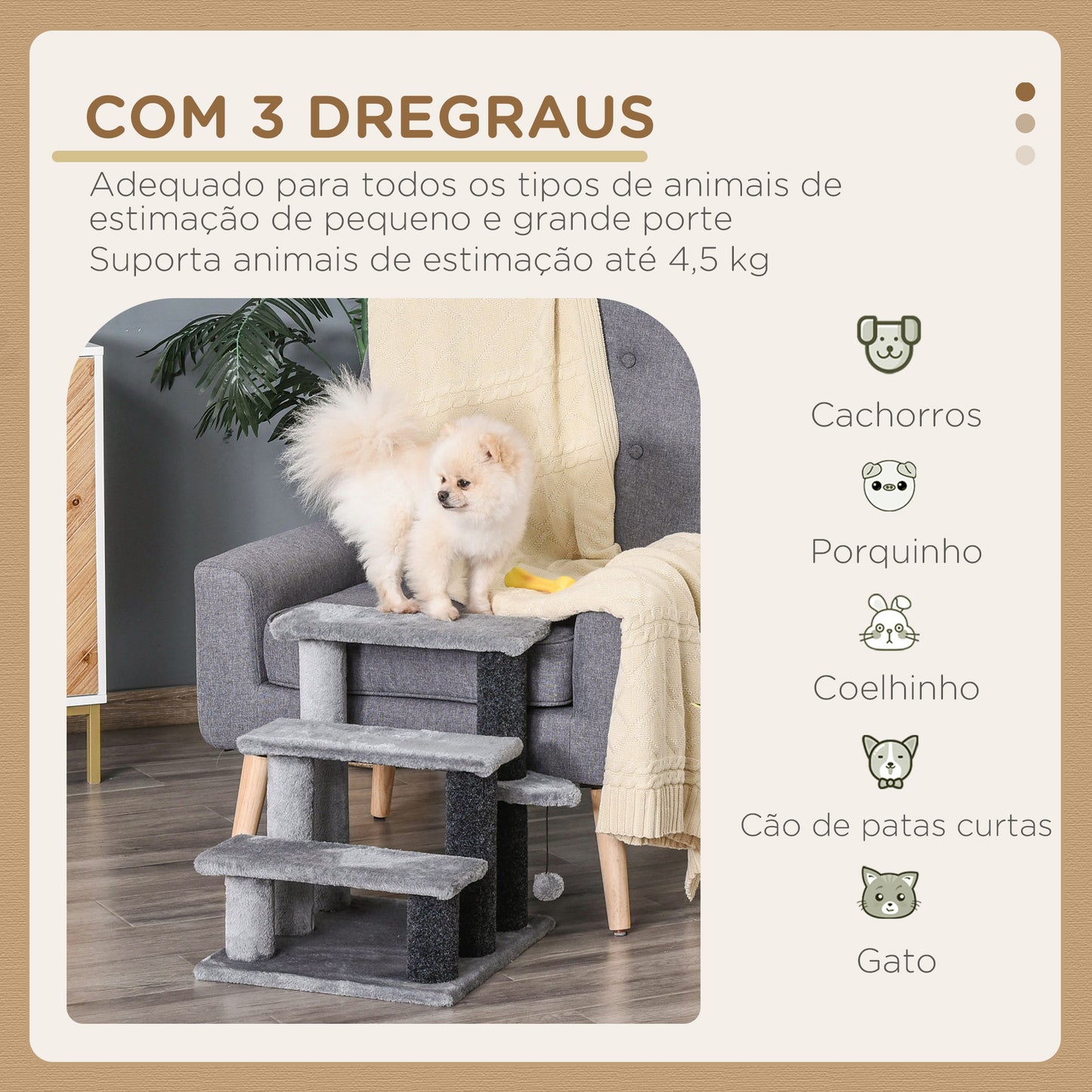 PawHut Escada para Animais de Estimação Escada para Gatos de 3 Degraus com Poste de Arranhar Bola Escada para Animais de Estimação 45x40x48 cm Cinza