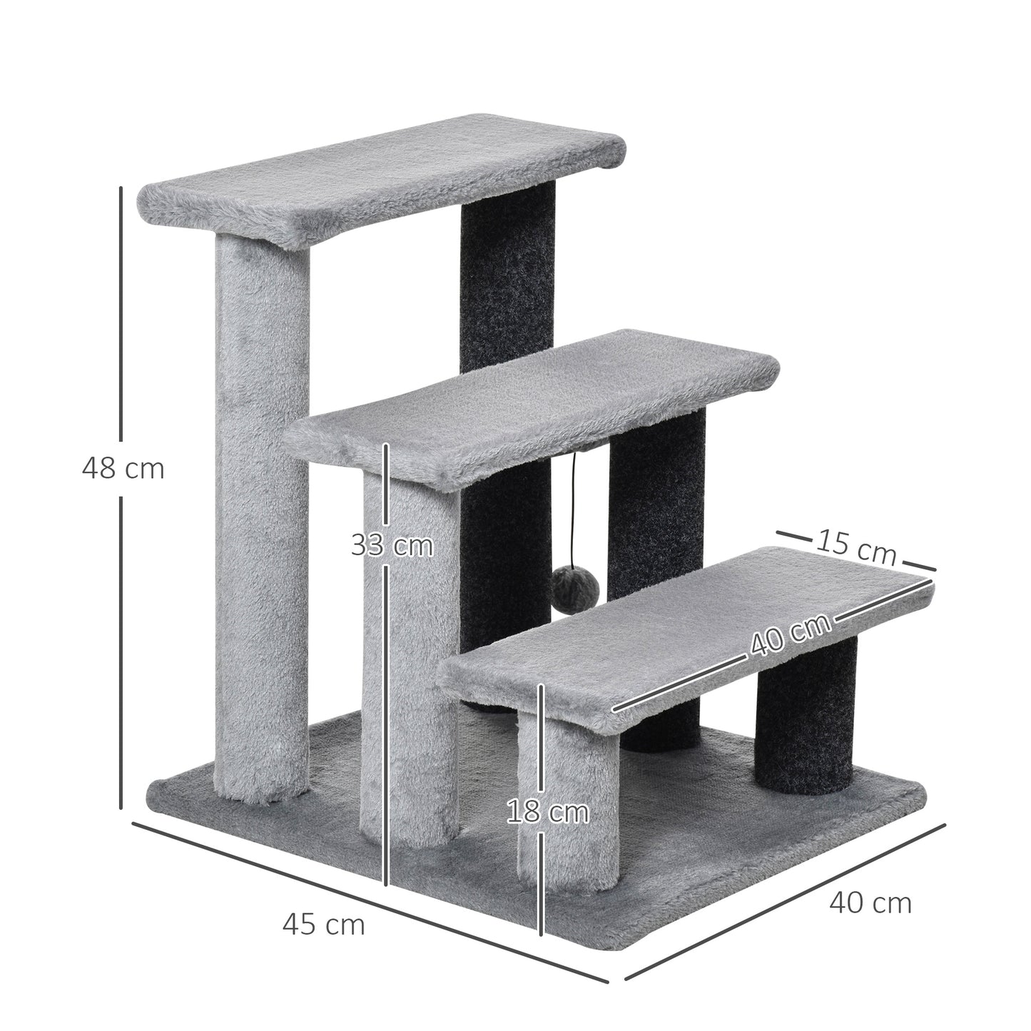 PawHut Escada para Animais de Estimação Escada para Gatos de 3 Degraus com Poste de Arranhar Bola Escada para Animais de Estimação 45x40x48 cm Cinza