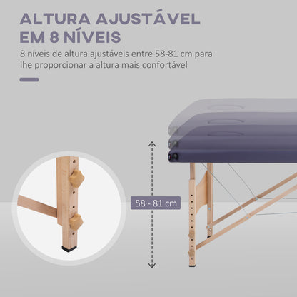 HOMCOM Marquesa de Massagem Dobrável Mesa de Massagem Portátil com Apoio para a Cabeça Estrutura de Madeira Altura Ajustável e Bolsa de Transporte 186x60x58-81 cm Roxo