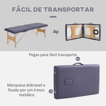 HOMCOM Marquesa de Massagem Dobrável Mesa de Massagem Portátil com Apoio para a Cabeça Estrutura de Madeira Altura Ajustável e Bolsa de Transporte 186x60x58-81 cm Roxo