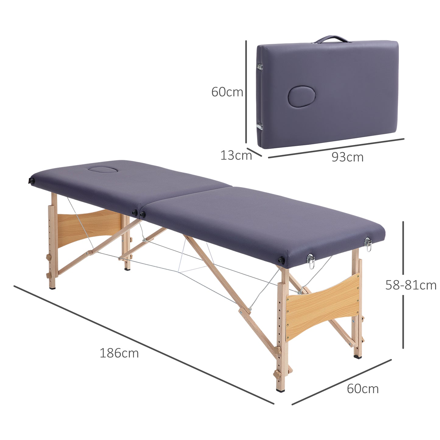 HOMCOM Marquesa de Massagem Dobrável Mesa de Massagem Portátil com Apoio para a Cabeça Estrutura de Madeira Altura Ajustável e Bolsa de Transporte 186x60x58-81 cm Roxo