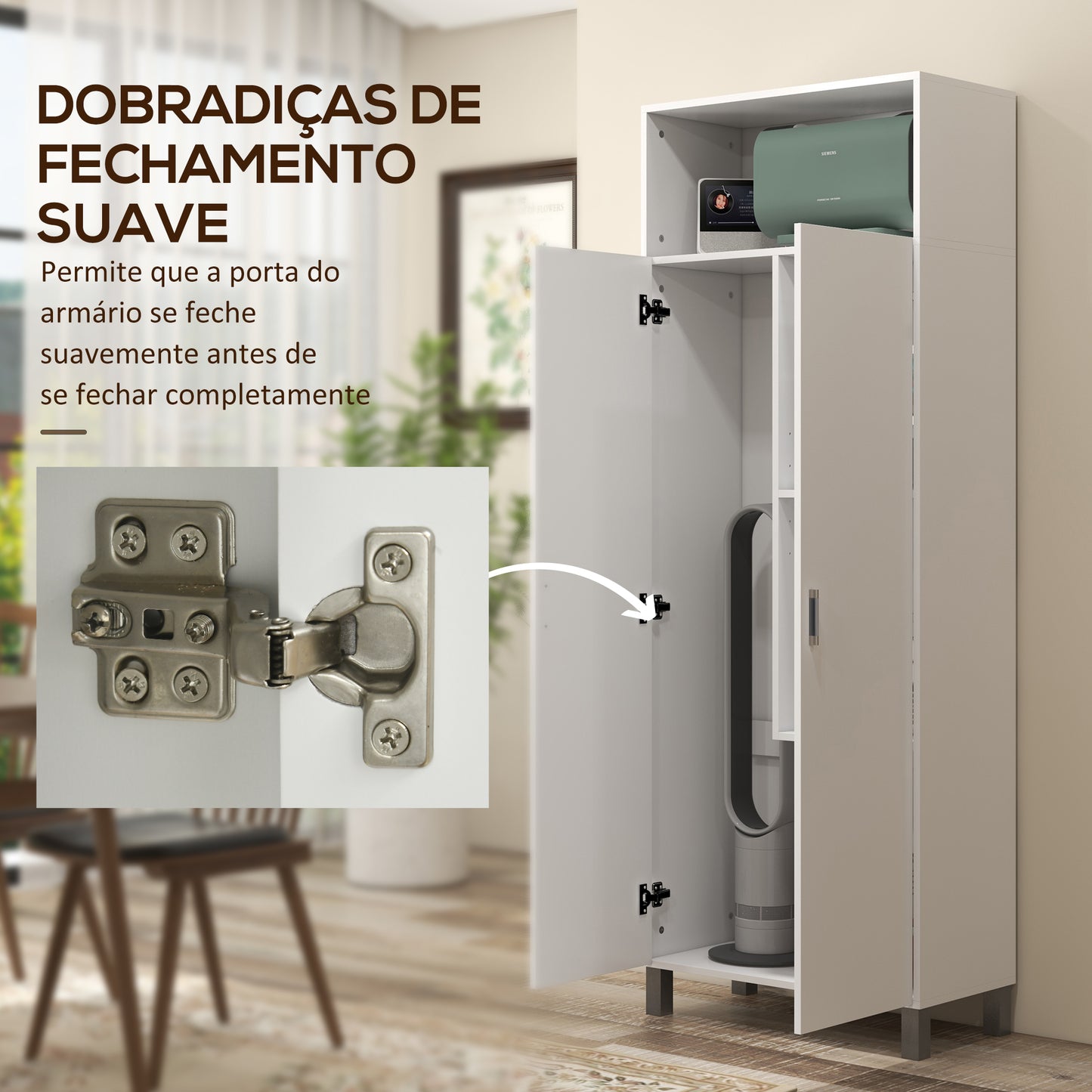 HOMCOM Armário Multiuso com 2 Portas Compartimento Aberto e Prateleira Ajustável para Sala de Estar Cozinha Lavandaria 70x35x188 cm Branco