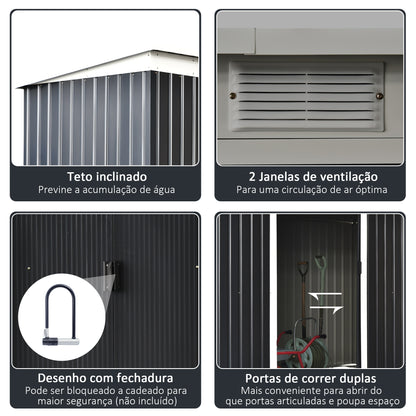 Outsunny Abrigo de Jardim 280x130x172cm Abrigo de Exterior de Aço Galvanizado com Porta Corredeira e Ventilações para Armazenamento de Ferramentas Cinza Escuro