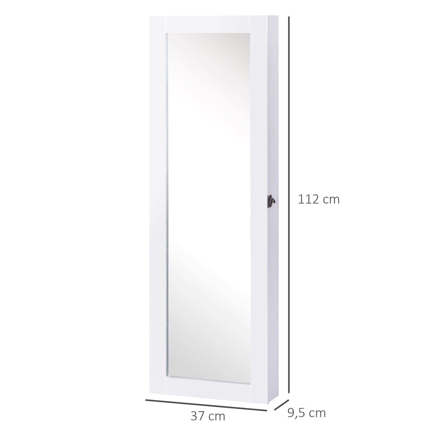 HOMCOM Espelho com Móvel de Bijuterias de Parede Espelho de Parede Organizador de Jóias com Ganchos e Ranhuras para Dormitórios 37x9,5x112cm Branco