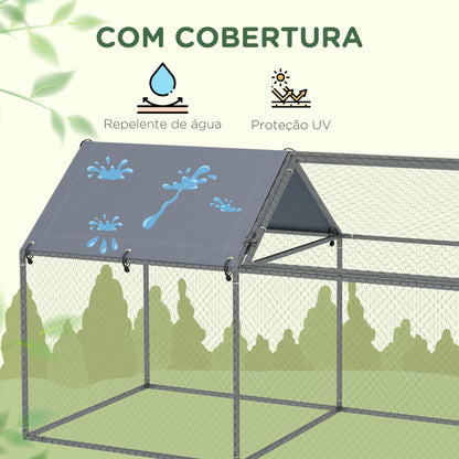 Gaiola para Pequenos Animais Parque para Animais de Estimação de Aço com 1 Porta Superior e Cobertura Anti-UV para Exterior Jardim 198x100x120 cm Prata